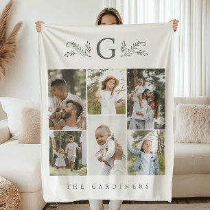 Elegant Botanical Monogram 6 Photo Collage Fleece Blanket