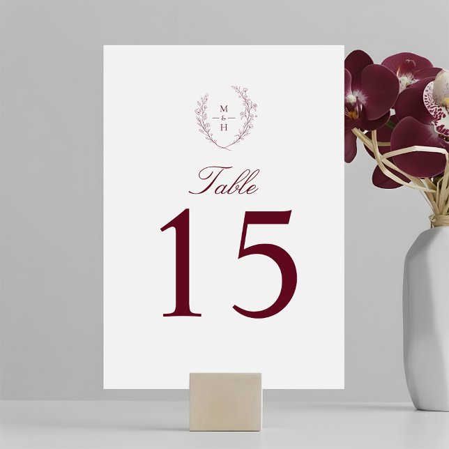 Elegant Botanical Monogram Burgundy Wedding Table Number (Creator Uploaded)