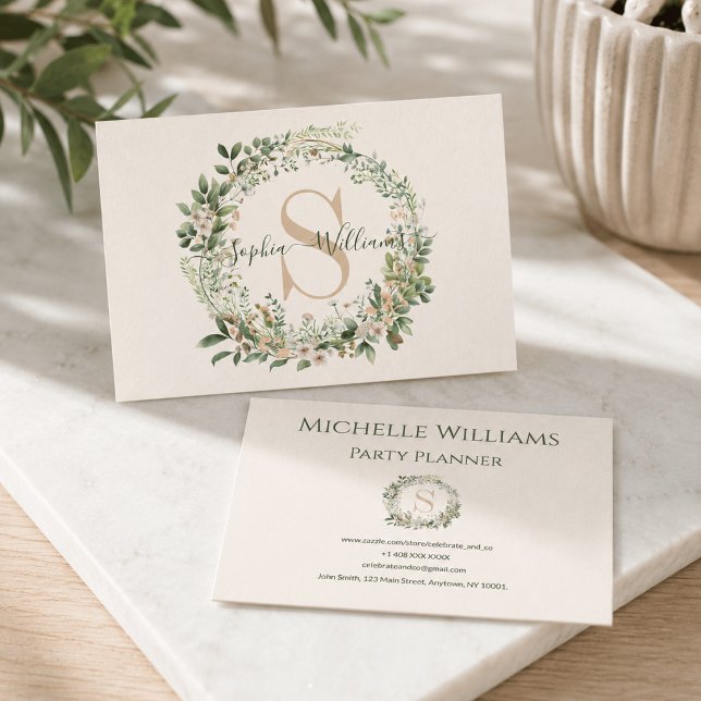 Elegant Botanical Monogram Business Card with Name (Creator Uploaded)