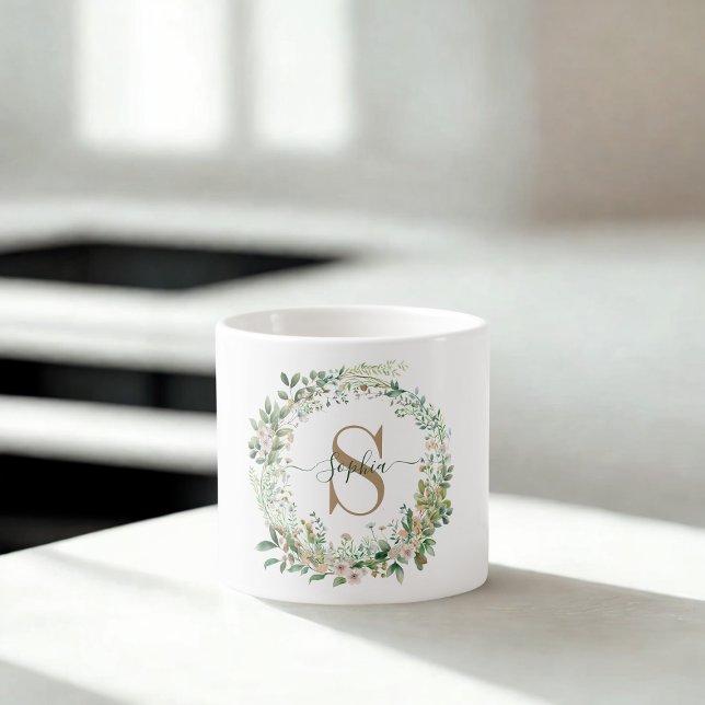 Elegant Botanical Monogram Espresso Mug with Name (Creator Uploaded)