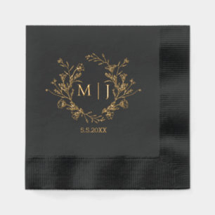 elegant botanical monogram gold black wedding foil napkins