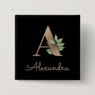 Elegant Botanical Monogram Gold Letter A Button