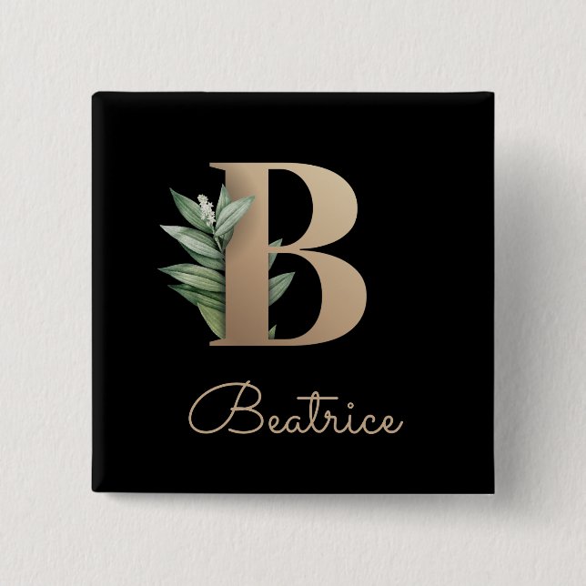Elegant Botanical Monogram Gold Letter B Button (Front)