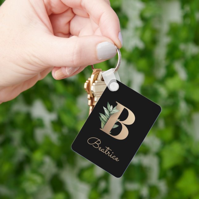 Elegant Botanical Monogram Gold Letter B Keychain (Hand)