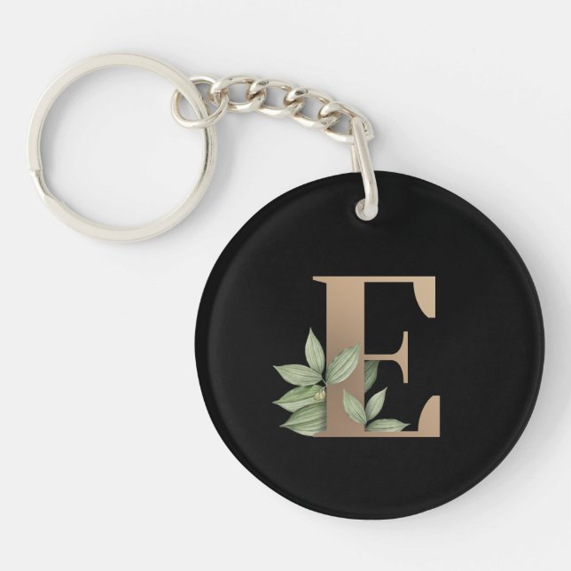 Elegant Botanical Monogram Gold Letter E Key Ring (Front)