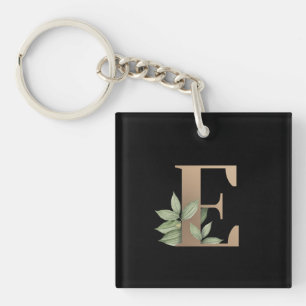 Elegant Botanical Monogram Gold Letter E Key Ring