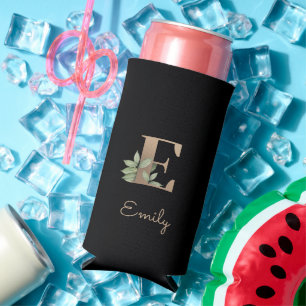 Elegant Botanical Monogram Gold Letter E  Seltzer Can Cooler