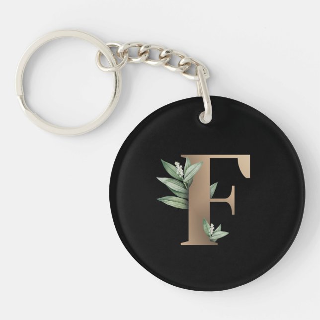 Elegant Botanical Monogram Gold Letter F Key Ring (Front)