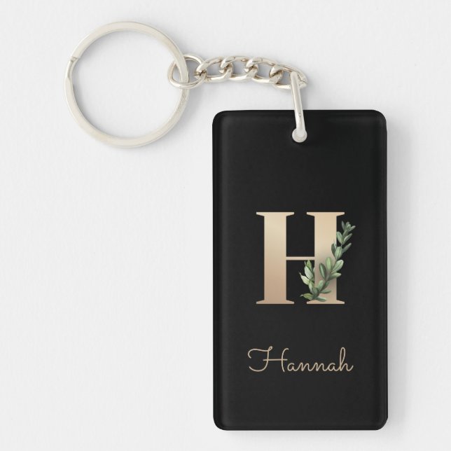 Elegant Botanical Monogram Gold Letter H Key Ring (Front)