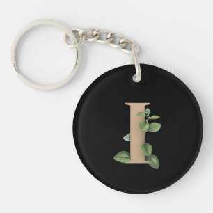 Elegant Botanical Monogram Gold Letter I Key Ring