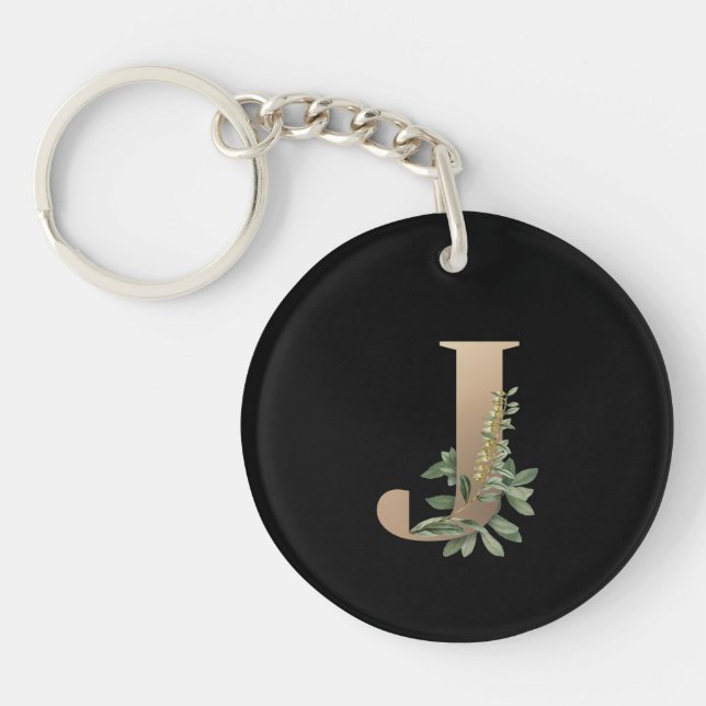 Elegant Botanical Monogram Gold Letter J Key Ring (Front)