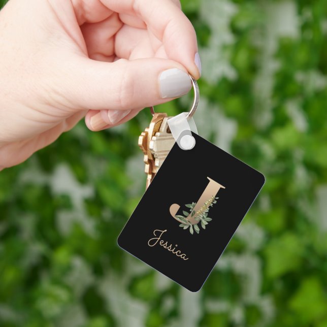 Elegant Botanical Monogram Gold Letter J Keychain (Hand)