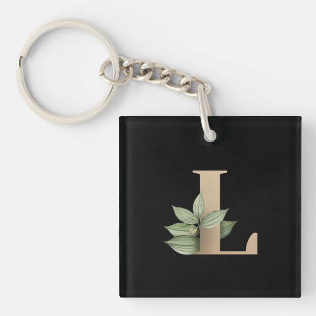 Elegant Botanical Monogram Gold Letter L Key Ring (Front)