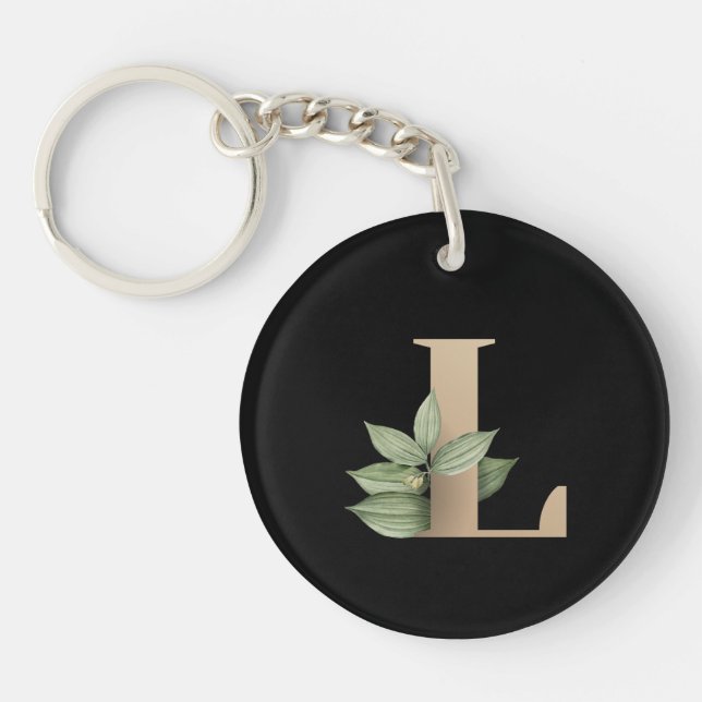 Elegant Botanical Monogram Gold Letter L Key Ring (Front)