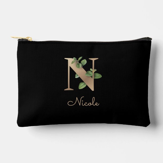 Elegant Botanical Monogram Gold Letter N Accessory Pouch (Front)