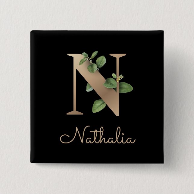 Elegant Botanical Monogram Gold Letter N Button (Front)