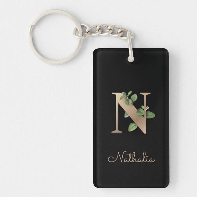 Elegant Botanical Monogram Gold Letter N Key Ring (Front)