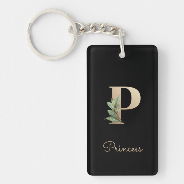 Elegant Botanical Monogram Gold Letter P Key Ring (Front)