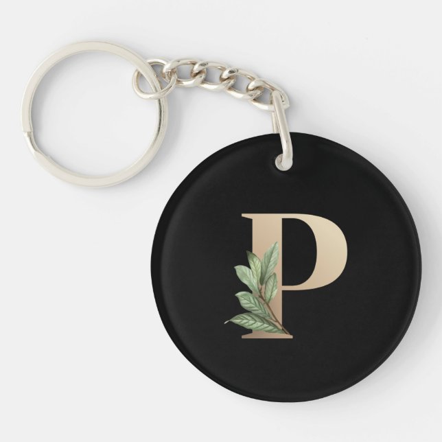 Elegant Botanical Monogram Gold Letter P Key Ring (Front)