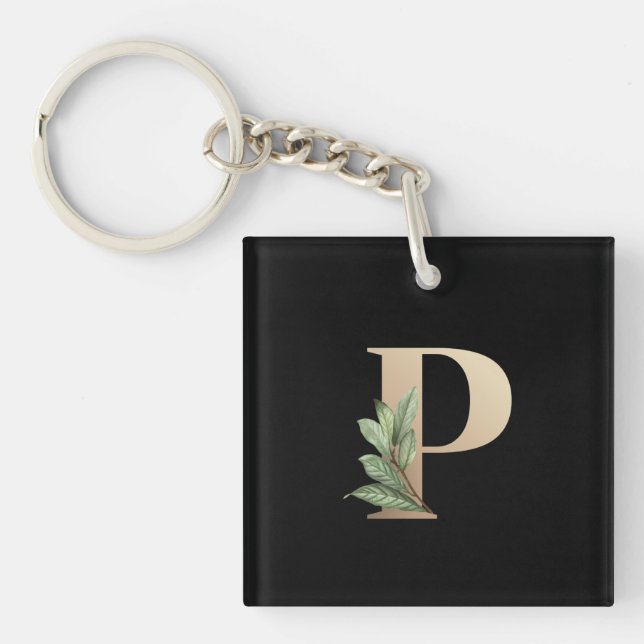Elegant Botanical Monogram Gold Letter P Key Ring (Front)