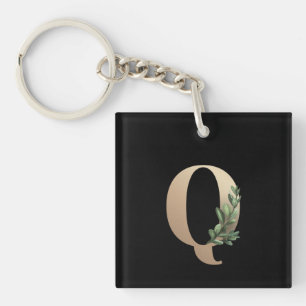 Elegant Botanical Monogram Gold Letter Q Key Ring