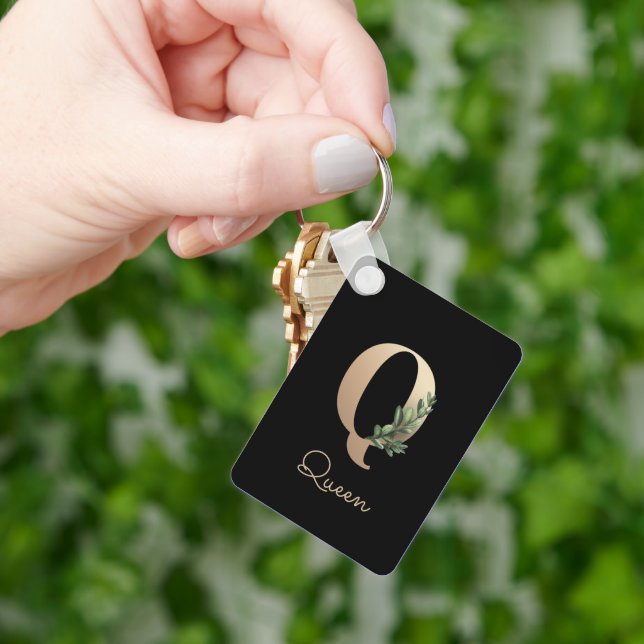 Elegant Botanical Monogram Gold Letter Q Keychain (Hand)