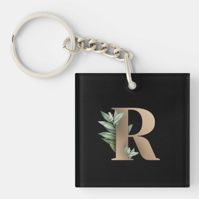 Elegant Botanical Monogram Gold Letter R Key Ring (Front)