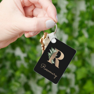 Elegant Botanical Monogram Gold Letter R Keychain