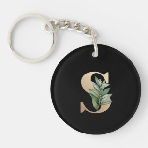 Elegant Botanical Monogram Gold Letter S Key Ring
