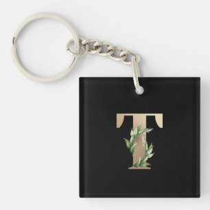 Elegant Botanical Monogram Gold Letter T Key Ring