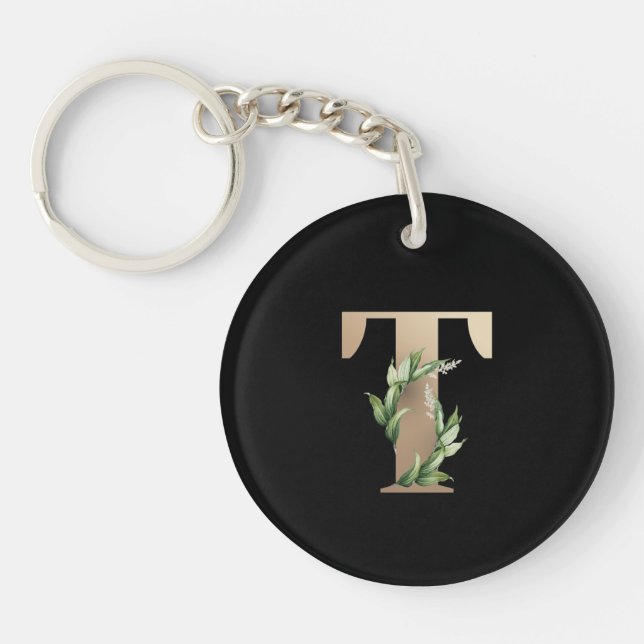 Elegant Botanical Monogram Gold Letter T Key Ring (Front)