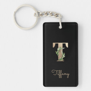 Elegant Botanical Monogram Gold Letter T Key Ring