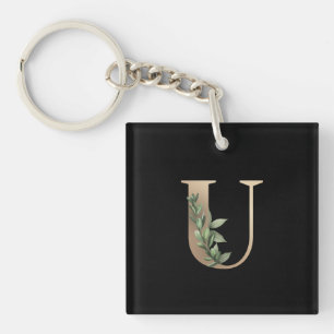 Elegant Botanical Monogram Gold Letter U Key Ring