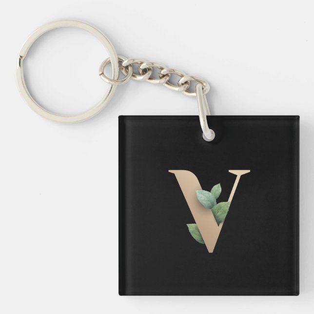 Elegant Botanical Monogram Gold Letter V Key Ring (Front)