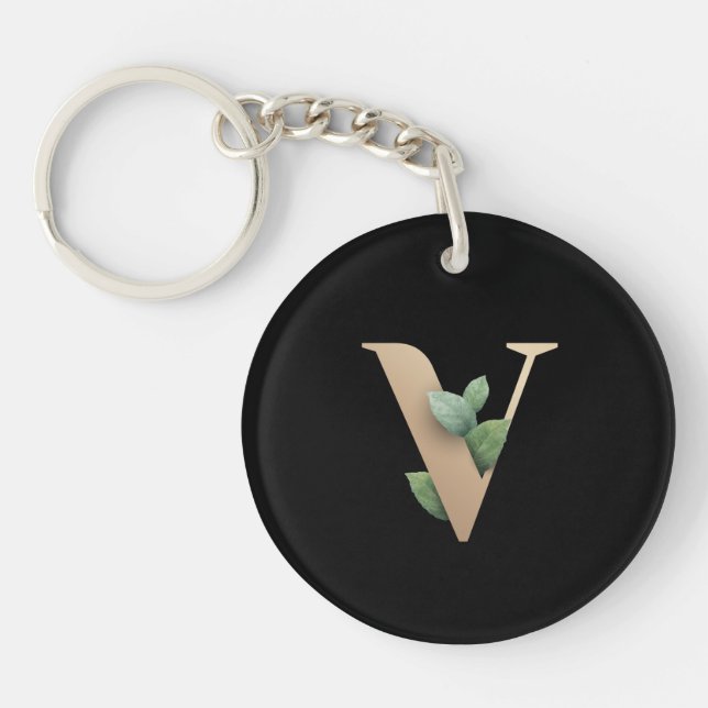 Elegant Botanical Monogram Gold Letter V Key Ring (Front)