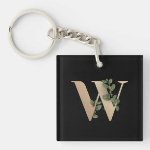 Elegant Botanical Monogram Gold Letter W Key Ring