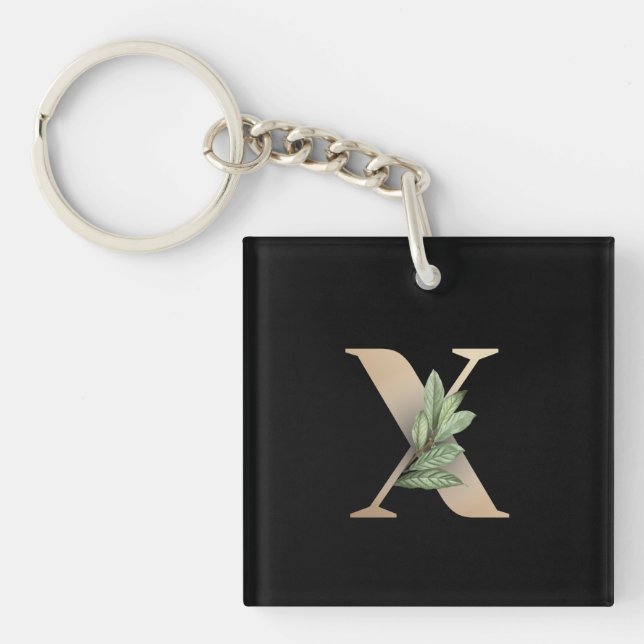 Elegant Botanical Monogram Gold Letter X Key Ring (Front)