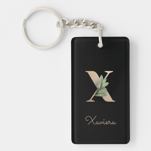 Elegant Botanical Monogram Gold Letter X Key Ring (Front)