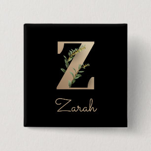 Elegant Botanical Monogram Gold Letter Z Button