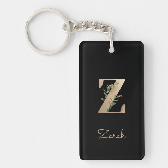 Elegant Botanical Monogram Gold Letter Z Key Ring (Front)