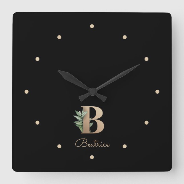 Elegant Botanical Monogram Letter B Square Wall Clock (Front)