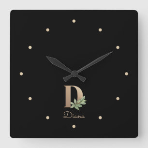Elegant Botanical Monogram Letter D Square Wall Clock