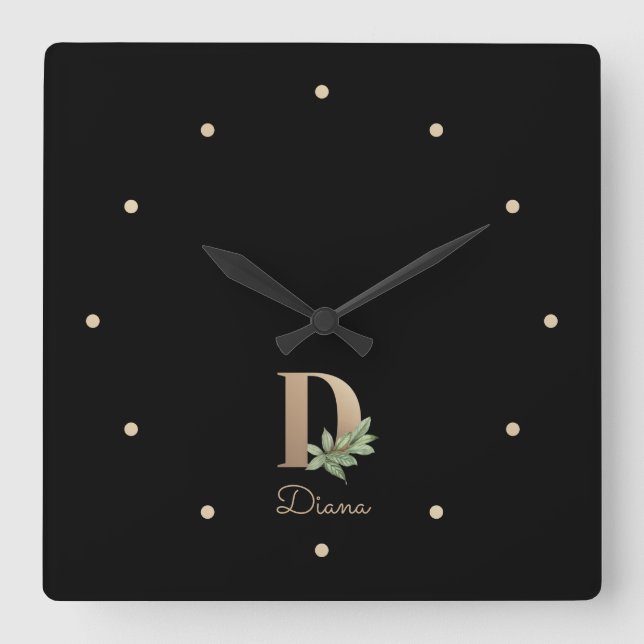 Elegant Botanical Monogram Letter D Square Wall Clock (Front)