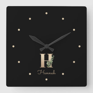 Elegant Botanical Monogram Letter H Square Wall Clock