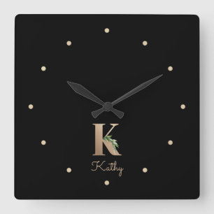Elegant Botanical Monogram Letter K Square Wall Clock