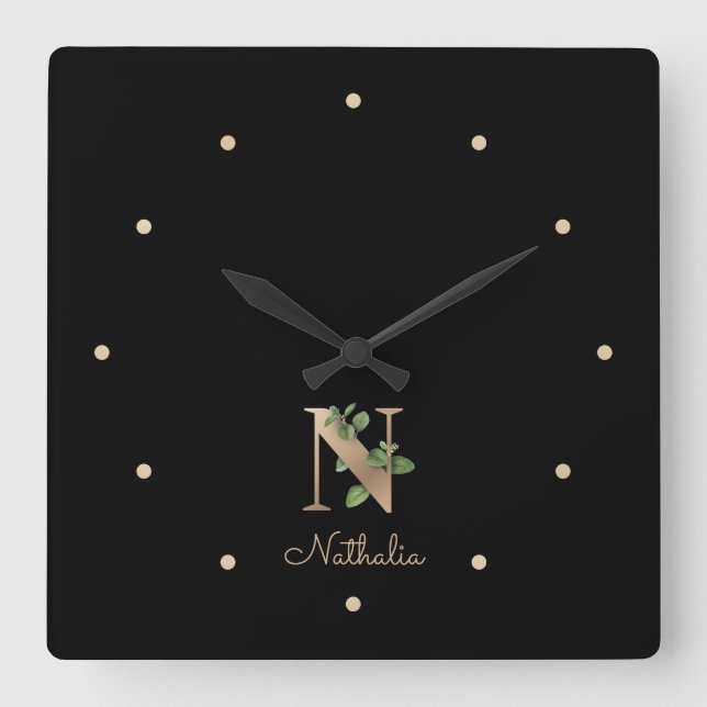 Elegant Botanical Monogram Letter N Square Wall Clock (Front)