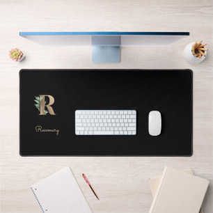 Elegant Botanical Monogram Letter R  Desk Mat