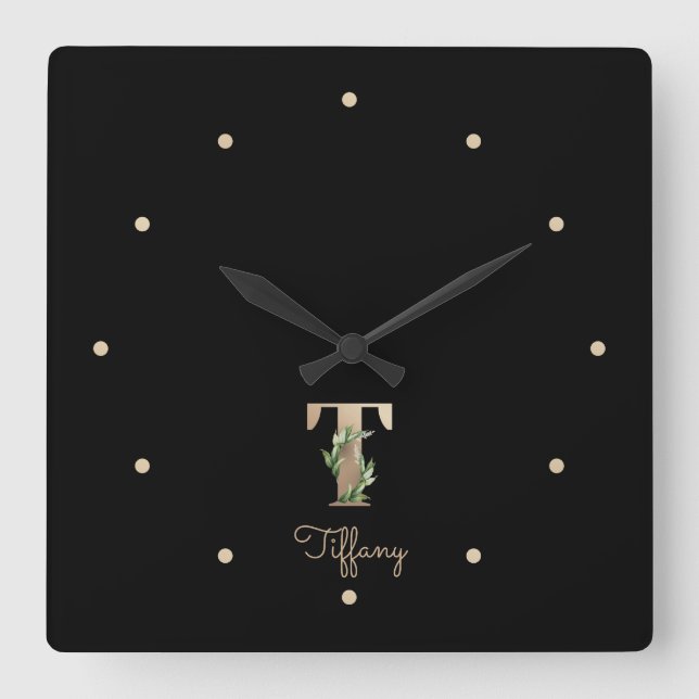 Elegant Botanical Monogram Letter T Square Wall Clock (Front)