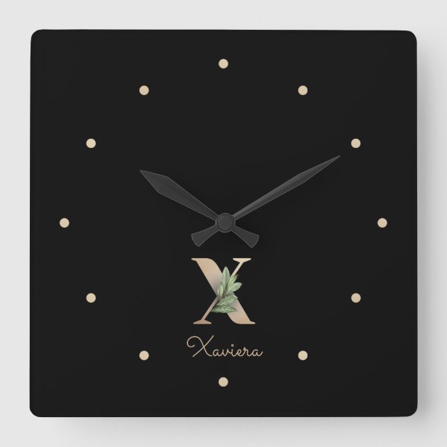 Elegant Botanical Monogram Letter X Square Wall Clock (Front)