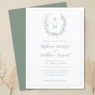 Elegant Botanical Monogram Sage Green Wedding Invitation